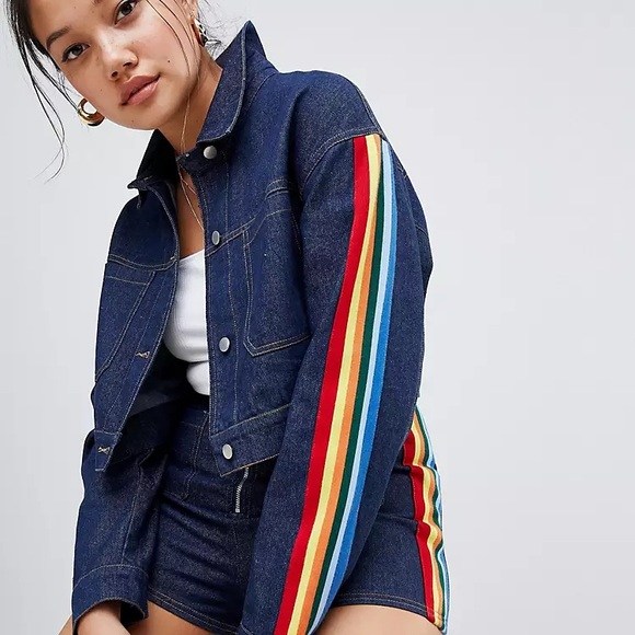 Honey Punch Cropped Denim Jacket with Rainbow Stripe Pride Detail Size S - Picture 2 of 12